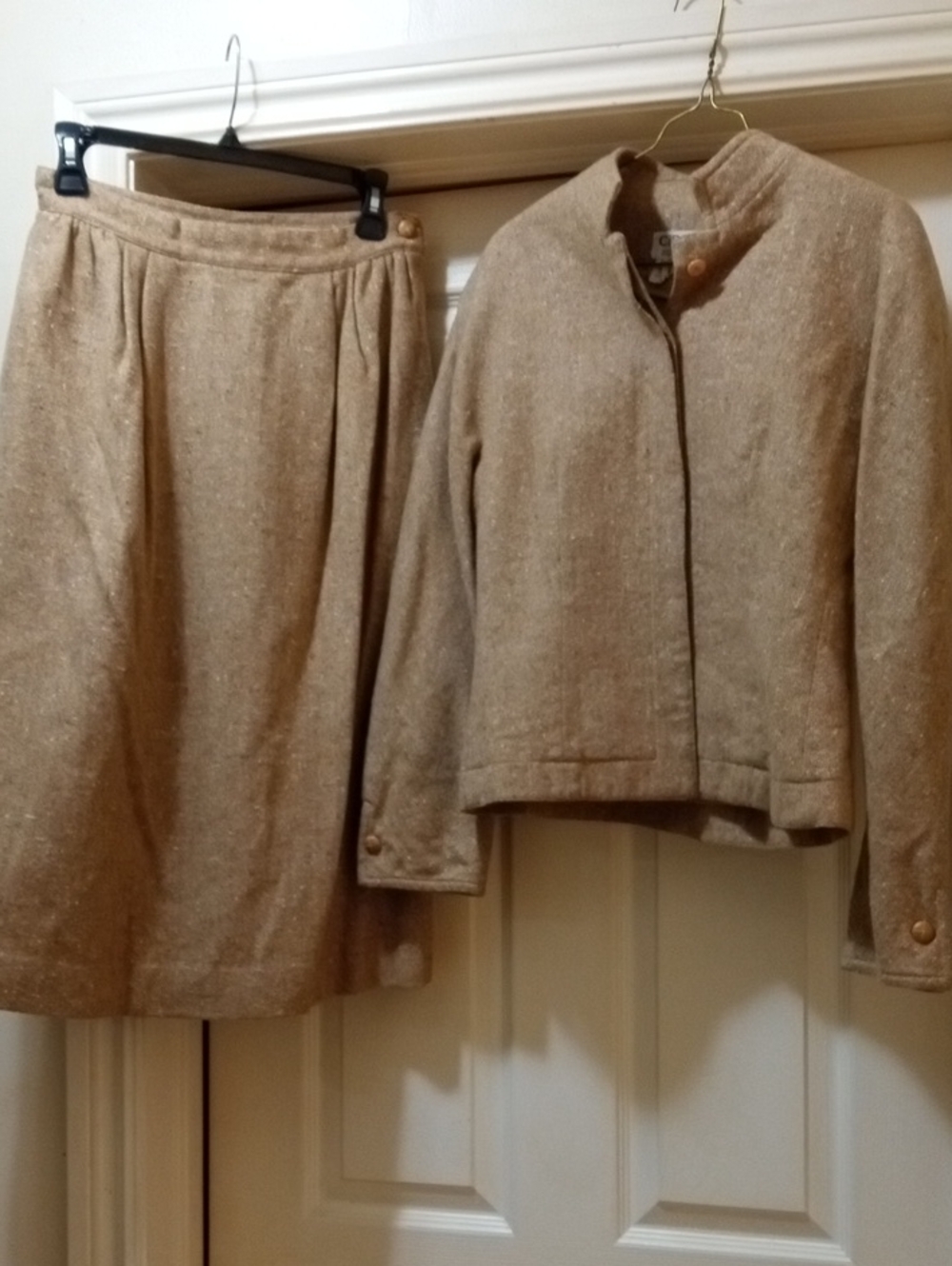 Women's Two-Piece Tan Skirt Set - Tailored Jacket & Skirt Wool